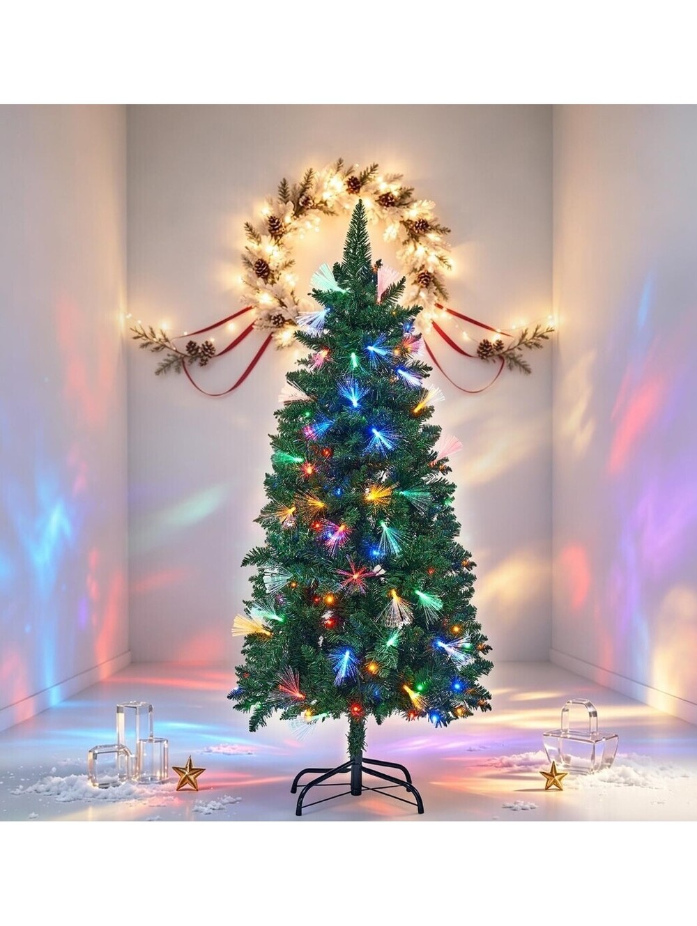 4.5FT Pre-Lit Fiber Optic Pencil Christmas Tree 150 Multicolor LED Light 8 Modes